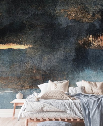 blauwe en gouden aanpasbare betonnen behangmuurschildering genaamd Rain with Sun van Elizabeth Fredriksson voor slaapkamer of badkamer