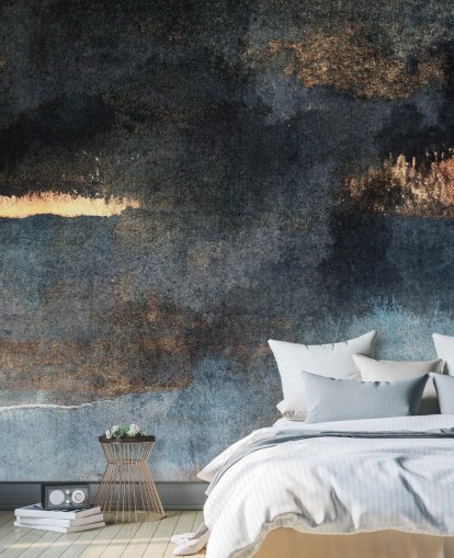 carta da parati murale in cemento personalizzabile blu e oro chiamata Rain with Sun di Elizabeth Fredriksson per camera da letto o bagno