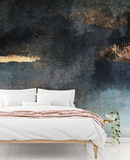 blue and gold customizable concrete wallpaper mural called Rain with Sun by Elizabeth Fredriksson for bedroom or bathroom
