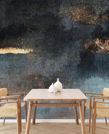 blue and gold customisable concrete wallpaper mural called Rain with Sun by Elizabeth Fredriksson for bedroom or bathroom