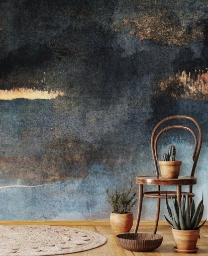 Personalisierbare Betontapete in Blau und Gold mit dem Titel Rain with Sun von Elizabeth Fredriksson für Schlafzimmer oder Badezimmer