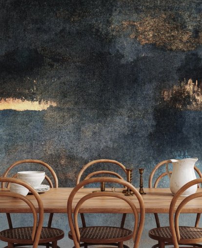 mural de papel pintado de hormigón personalizable azul y dorado llamado Lluvia con sol de Elizabeth Fredriksson para dormitorio o baño