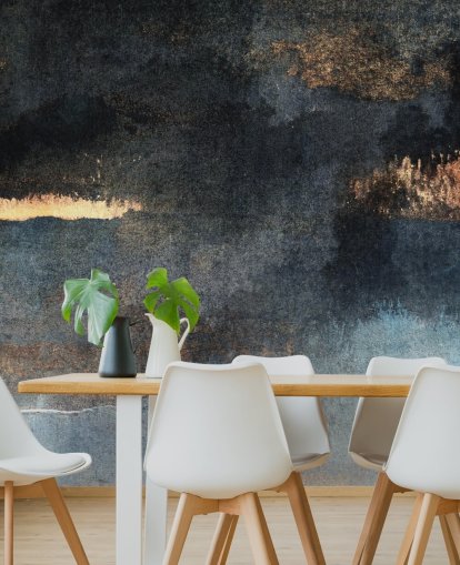 papier peint mural en béton personnalisable bleu et or appelé Rain with Sun par Elizabeth Fredriksson pour chambre ou salle de bain