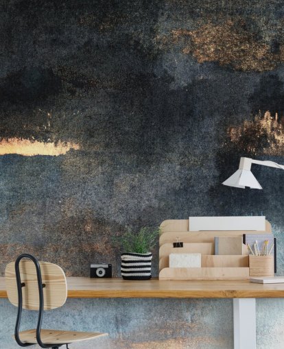 papier peint mural en béton personnalisable bleu et or appelé Rain with Sun par Elizabeth Fredriksson pour chambre ou salle de bain