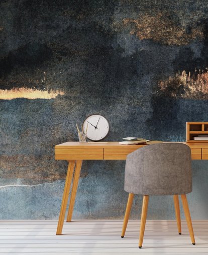 mural de papel de parede de concreto personalizável azul e dourado chamado Rain with Sun de Elizabeth Fredriksson para quarto ou banheiro