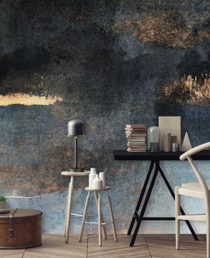 blue and gold customizable concrete wallpaper mural called Rain with Sun by Elizabeth Fredriksson for bedroom or bathroom