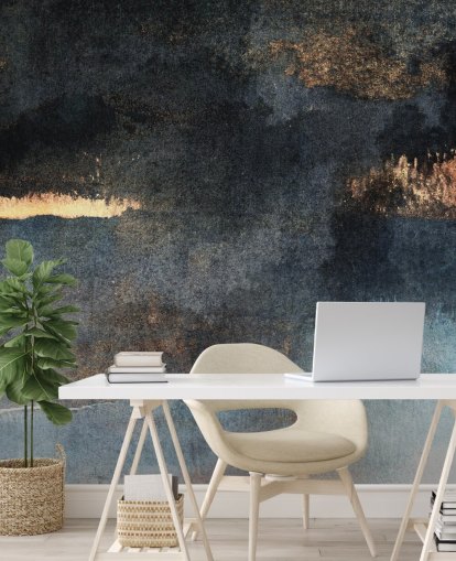 blue and gold customisable concrete wallpaper mural called Rain with Sun by Elizabeth Fredriksson for bedroom or bathroom