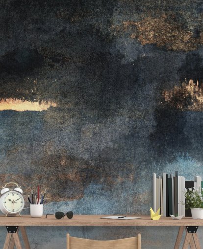 Personalisierbare Betontapete in Blau und Gold mit dem Titel Rain with Sun von Elizabeth Fredriksson für Schlafzimmer oder Badezimmer