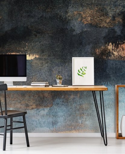 blauwe en gouden aanpasbare betonnen behangmuurschildering genaamd Rain with Sun van Elizabeth Fredriksson voor slaapkamer of badkamer