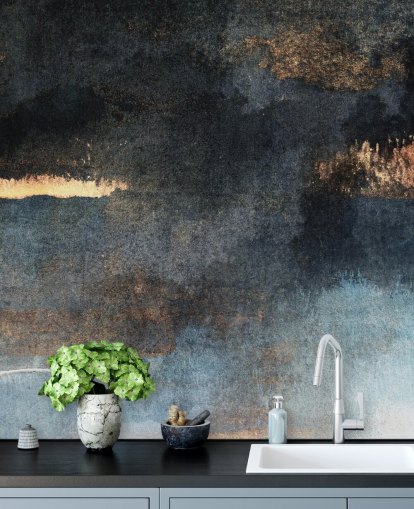 blue and gold customizable concrete wallpaper mural called Rain with Sun by Elizabeth Fredriksson for bedroom or bathroom