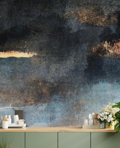 mural de papel pintado de hormigón personalizable azul y dorado llamado Lluvia con sol de Elizabeth Fredriksson para dormitorio o baño