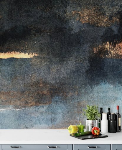 papier peint mural en béton personnalisable bleu et or appelé Rain with Sun par Elizabeth Fredriksson pour chambre ou salle de bain