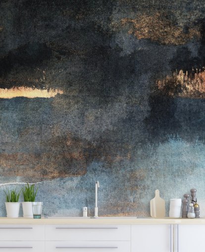 carta da parati murale in cemento personalizzabile blu e oro chiamata Rain with Sun di Elizabeth Fredriksson per camera da letto o bagno