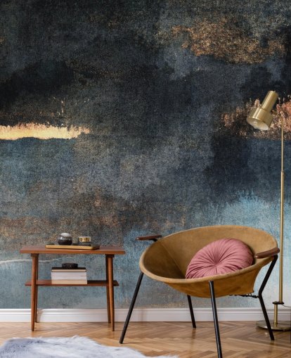 blauwe en gouden aanpasbare betonnen behangmuurschildering genaamd Rain with Sun van Elizabeth Fredriksson voor slaapkamer of badkamer blauwe en gouden aanpasbare betonnen behangmuurschildering genaamd Rain with Sun van Elizabeth Fredriksson voor slaapkamer of badkamer