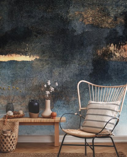 blue and gold customisable concrete wallpaper mural called Rain with Sun by Elizabeth Fredriksson for bedroom or bathroom