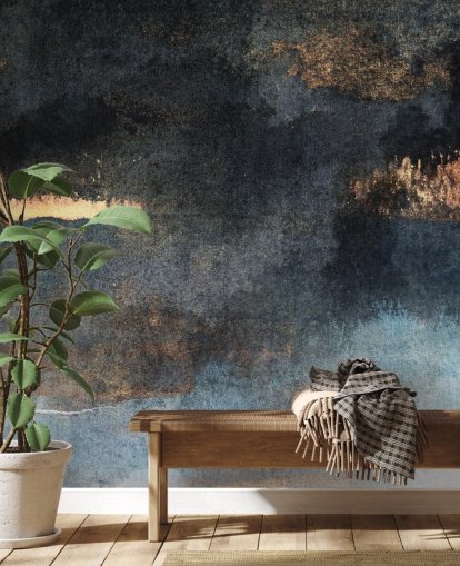 blauwe en gouden aanpasbare betonnen behangmuurschildering genaamd Rain with Sun van Elizabeth Fredriksson voor slaapkamer of badkamer