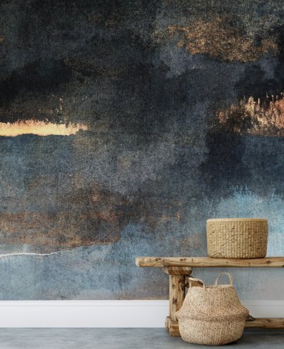 papier peint mural en béton personnalisable bleu et or appelé Rain with Sun par Elizabeth Fredriksson pour chambre ou salle de bain