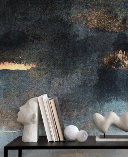 Personalisierbare Betontapete in Blau und Gold mit dem Titel Rain with Sun von Elizabeth Fredriksson für Schlafzimmer oder Badezimmer