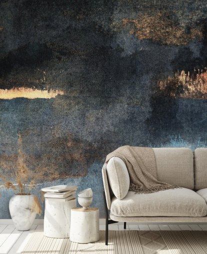 mural de papel pintado de hormigón personalizable azul y dorado llamado Lluvia con sol de Elizabeth Fredriksson para dormitorio o baño