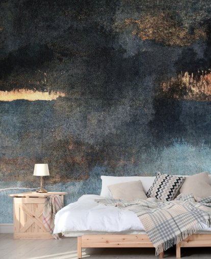 blue and gold customizable concrete wallpaper mural called Rain with Sun by Elizabeth Fredriksson for bedroom or bathroom