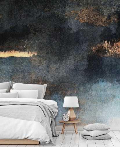 blue and gold customisable concrete wallpaper mural called Rain with Sun by Elizabeth Fredriksson for bedroom or bathroom