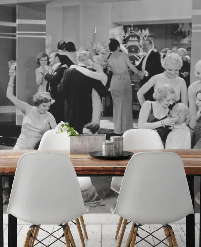 Schwarz-Weiß-Foto von Partytapete der 1930er Jahre