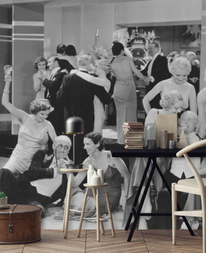 Schwarz-Weiß-Foto von Partytapete der 1930er Jahre