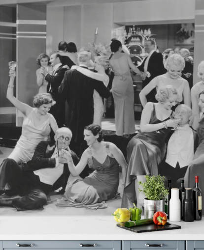 zwart-witfoto van feestbehang uit de jaren 1930 zwart-witfoto van feestbehang uit de jaren 1930