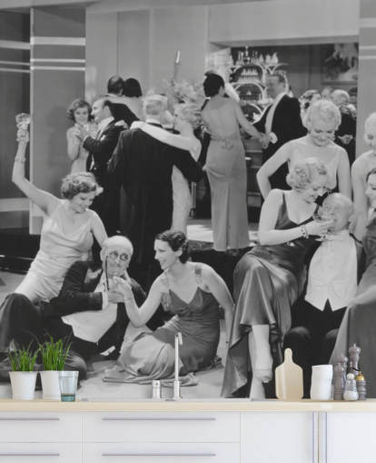 Schwarz-Weiß-Foto von Partytapete der 1930er Jahre
