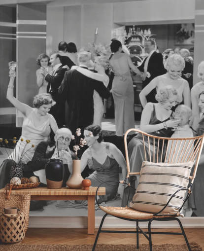 Schwarz-Weiß-Foto von Partytapete der 1930er Jahre