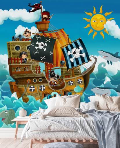 mural de papel pintado azul personalizado de piratas llamado Piratas para dormitorio infantil