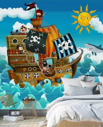 blue custom pirates wallpaper mural called Pirates for child's bedroom