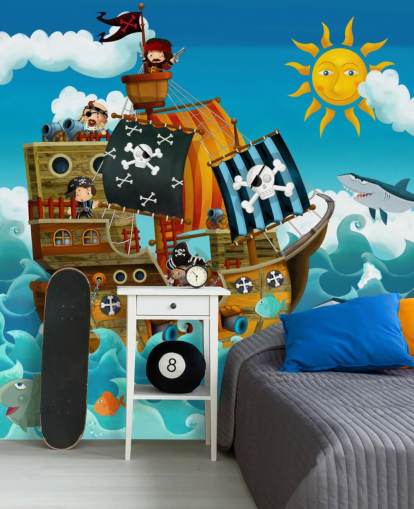 blauwe op maat gemaakte piraten behangmuurschildering genaamd Pirates voor de kinderkamer