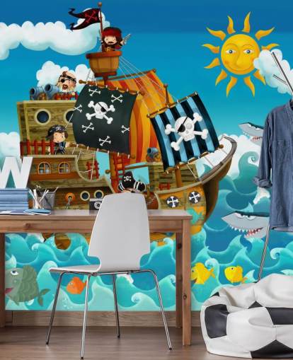blaue benutzerdefinierte Piratentapete namens Piraten für das Kinderzimmer