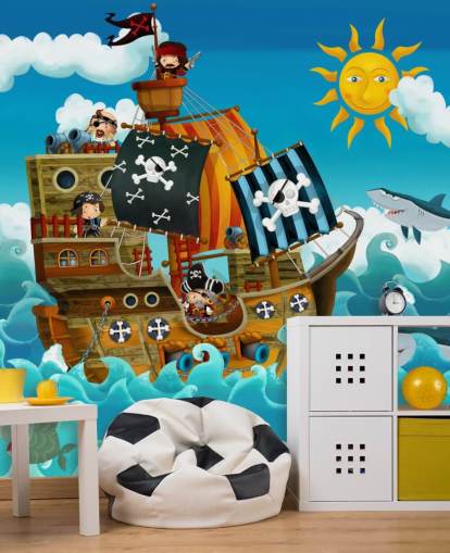 blauwe op maat gemaakte piraten behangmuurschildering genaamd Pirates voor de kinderkamer
