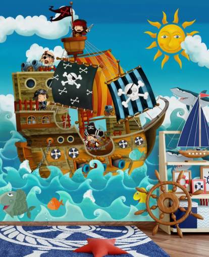 mural de papel pintado azul personalizado de piratas llamado Piratas para dormitorio infantil mural de papel pintado azul personalizado de piratas llamado Piratas para dormitorio infantil