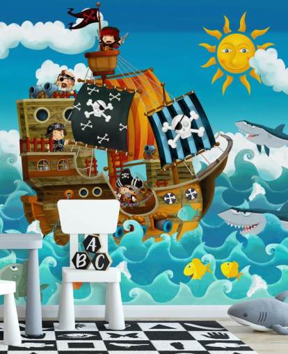 blue custom pirates wallpaper mural called Pirates for child's bedroom blue custom pirates wallpaper mural called Pirates for child's bedroom