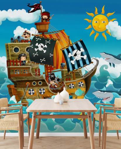 blue custom pirates wallpaper mural called Pirates for child's bedroom