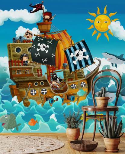 mural de papel pintado azul personalizado de piratas llamado Piratas para dormitorio infantil