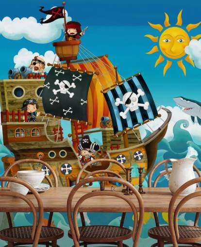mural de papel pintado azul personalizado de piratas llamado Piratas para dormitorio infantil
