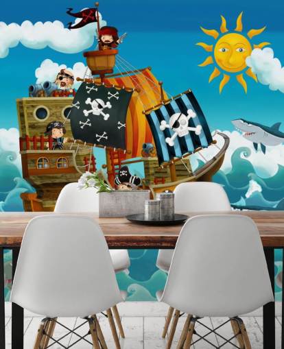 blue custom pirates wallpaper mural called Pirates for child's bedroom