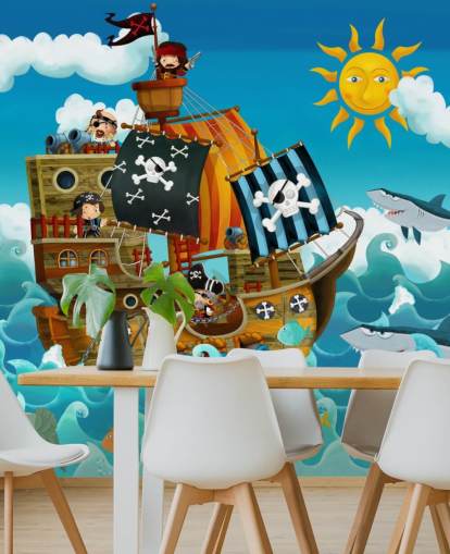 mural de papel de parede azul personalizado de piratas chamado Piratas para quarto de criança