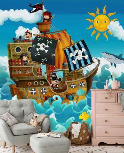 blaue benutzerdefinierte Piratentapete namens Piraten für das Kinderzimmer