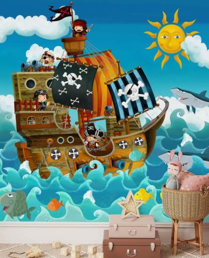 mural de papel de parede azul personalizado de piratas chamado Piratas para quarto de criança