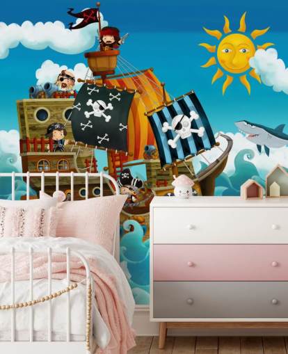 Colourful Cartoon Pirate Ship at Sea Wallpaper