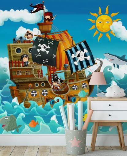 blue custom pirates wallpaper mural called Pirates for child's bedroom blue custom pirates wallpaper mural called Pirates for child's bedroom