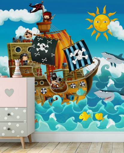 blue custom pirates wallpaper mural called Pirates for child's bedroom blue custom pirates wallpaper mural called Pirates for child's bedroom