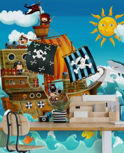 mural de papel de parede azul personalizado de piratas chamado Piratas para quarto de criança
