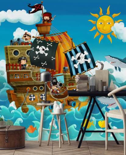blue custom pirates wallpaper mural called Pirates for child's bedroom blue custom pirates wallpaper mural called Pirates for child's bedroom