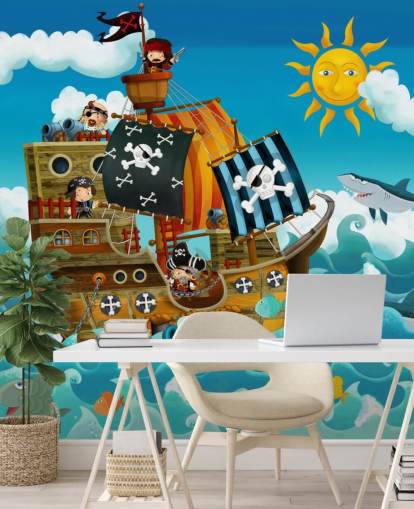 mural de papel de parede azul personalizado de piratas chamado Piratas para quarto de criança
